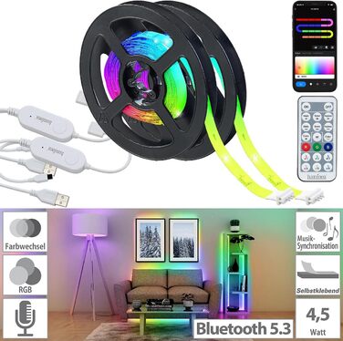 Світлодіодна стрічка Luminea Home Control набір з 2 світлодіодних стрічок USB RGB IC, Bluetooth, додаток, пульт дистанційного керування, 2 м (RGB світлодіодні стрічки USB, світлодіодні стрічки USB, диммер)