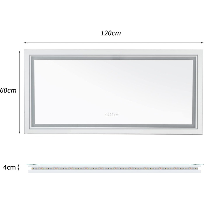 Дзеркало для ванної кімнати з підсвічуванням 120x60 см Дзеркало для ванної кімнати з підсвічуванням фронтальне освітлення, дзеркало з сенсорним вимикачем світла настінне дзеркало проти запотівання з регулюванням яскравості косметичне дзеркало