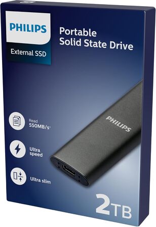 Зовнішній портативний SSD-накопичувач Philips на 2 ТБ - ультратонкий SATA Ultra Speed USB-C, швидкість читання до 550 МБ/с, алюміній