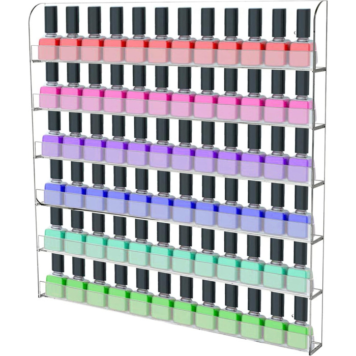 Рівнева полиця для лаку для нігтів Настінна полиця Акрилова підставка для лаку для нігтів Коробка для зберігання лаку для нігтів Міцний лак для нігтів Акрилова прозора підставка для макіяжу до 96 лаків для нігтів, 6-