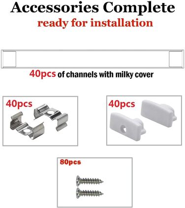 Профіль LED Alu 45 - 6x100 см Світлодіодний алюмінієвий профіль для світлодіодних стрічок/стрічок з білою молочною кришкою, торцевими кришками та монтажним кронштейном (20*1 м)