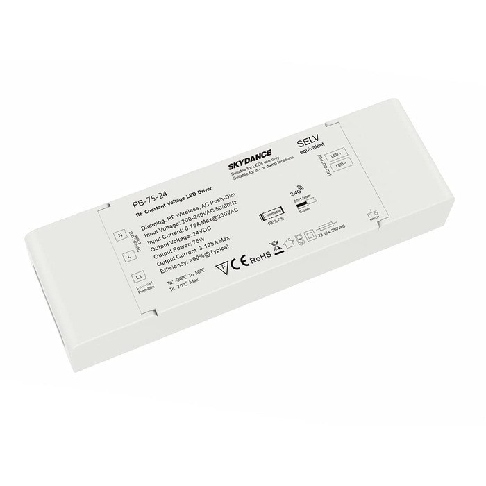 Блок живлення Dimmable, 24 В, 75 Вт, Dimmable, з кнопкою N.O. Push Dimmer і пультом дистанційного керування RF 2.4 G, для LED стрічки 24 В, Skydance PB-75-24 24V 75W