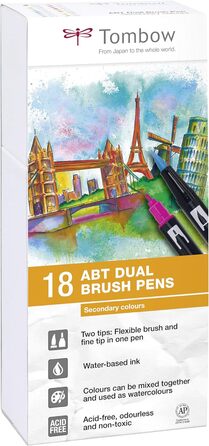 Ручка з двома щітками Tombow ABT-18P-2 Fiber Pen з двома наконечниками, набір 18 шт. , додаткові кольори