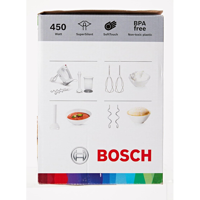 Ручний міксер Bosch MFQ3540, ручний міксер, 2 вінчики, 2 гачки для тіста з нержавіючої сталі, можна мити в посудомийній машині, 5 рівнів, ручний блендер, глечик для блендера, 450 Вт, білий одинарний