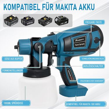 Акумуляторна система розпилення фарби для фарборозпилювача Makita 18V акумулятор BL1850, 1000 мл, 3 сопла (1,0 мм, 1,8 мм, 2,5 мм), 3 моделі, для внутрішнього та зовнішнього використання (з 2 акумуляторами 3,0 Ач)