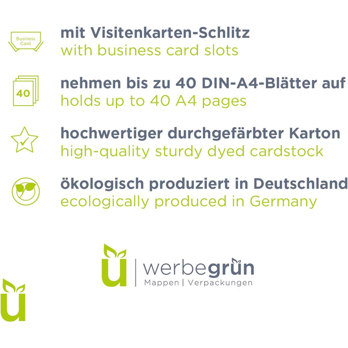 Папка для презентацій Werbegruen A4 біла високої якості Міцний, DIN A4 320 г/м картон Зроблено в Німеччині Слот для візиток Папка-конверт, папка з сертифікатами, папка для документів (трава, 100 шт. )