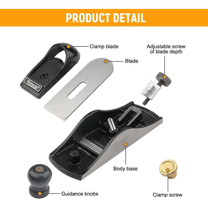 Рубанок Hoteche 394006 однією рукою -175 мм довжина корпусу, ширина леза 41 мм (точна обробка знизу та збоку, точне лиття, регульоване лезо, гладка поверхня)