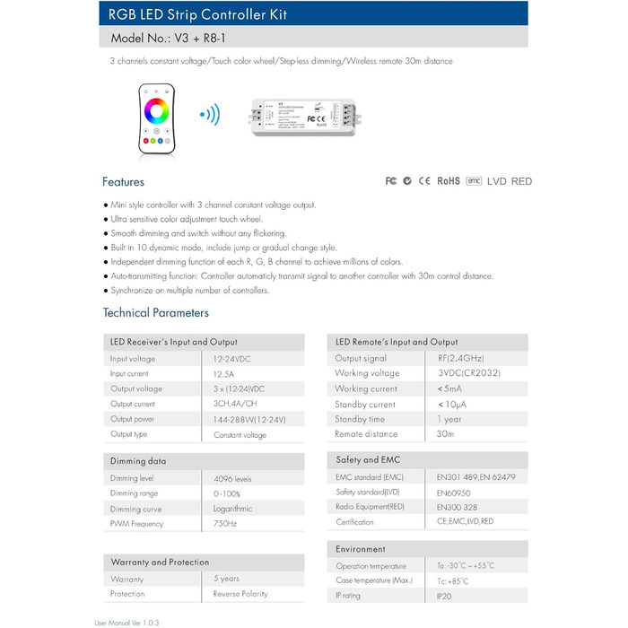 Комплект контролера світлодіодної стрічки RGB RF контролер Світлодіодний пульт дистанційного керування Радіочастотний контролер для світлодіодних стрічок RGB 12-24 В постійного струму