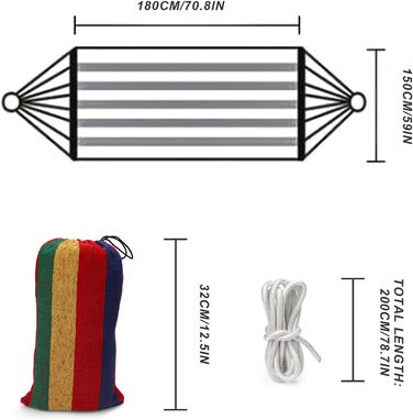 Гамак на відкритому повітрі, Гамак MYLERCT для 2 осіб, 260 x 150 см, вантажопідйомність 300 кг, з сумкою для перенесення, смугастий дорожній гамак, брезентовий гамак для вулиці, кемпінгу, балкона, пляжу