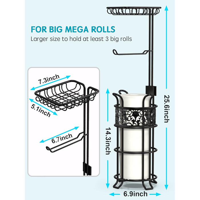Підставка для тримача туалетного рулону з полицею, окремо стоячий диспенсер для туалетного рулону на 3 великі рулони паперу jumbo mega, для ванних кімнат будинків на колесах, квітковий візерунок, чорний