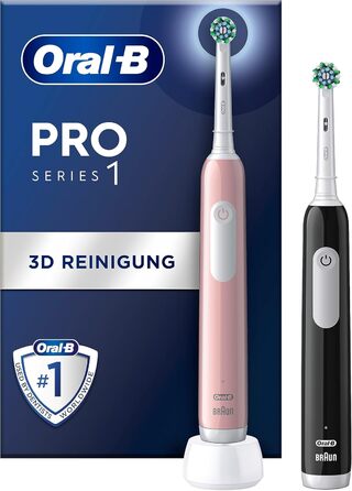 Електрична зубна щітка/електрична зубна щітка Oral-B Pro Series 1, подвійна упаковка, 2 щітки, 3 режими чищення та датчик тиску для догляду за зубами, дизайн Braun, рожевий/чорний