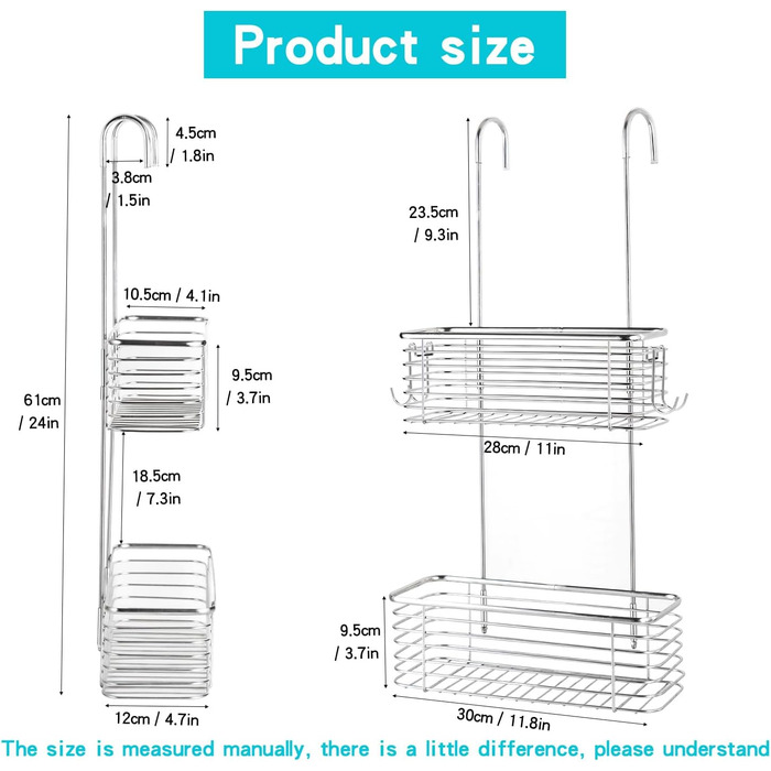 Двошарова полиця для душу з нержавіючої сталі, органайзер для гелю для душу, полиця для зберігання, встановлена на підвісній рейці або дверях, може зберігати шампунь, кондиціонер, гель для душу (подвійна) подвійна
