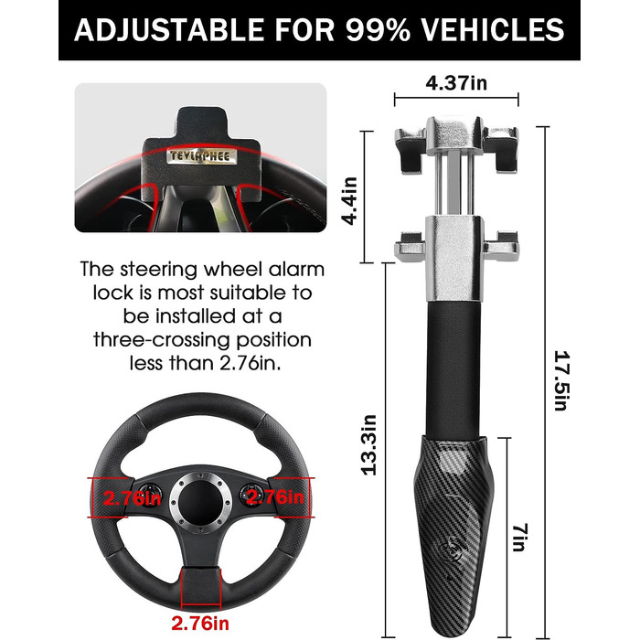 Кіготь керма Tevlaphee Latch із сигналізацією, 120 дБ, блокування керма, блокування керма, кіготь керма для автомобіля, висувний, універсальна посадка, сріблястий