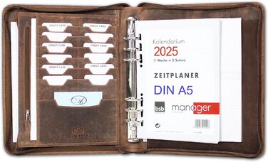 Шкіряний органайзер ALMADIH Leather Folder A5 з кільцевим механізмом Zipper Calendar 2024 & 2025 - Шкіряний гаманець Premium Cowbarke Brown Vintage OS Leather Folder Planner Planner (A5 Org S bv) A5 Org bv без Pen Loop