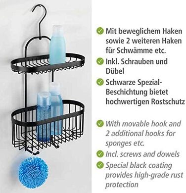 Душова стійка WENKO Bathroom Caddy Classic Plus Black, настінний кошик з високоякісним захистом від іржі, 26,5 x 47 x 12,5 см, чорний Duo (Caddy) Single