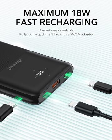 Зовнішній акумулятор 10000mAh зі світлодіодним індикатором, USB C, 20W PD3.0 QC4.0, чорний