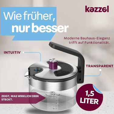 Інноваційний чайник Kezzel для індукційних варильних поверхонь 1,5 л Функція автоматичного вимкнення, без перекипання Мінімалістичний дизайн з нержавіючої сталі та скла, можна мити в посудомийній машині, легко чистити