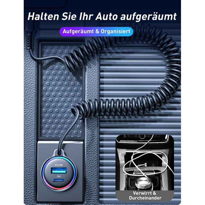 Адаптер USB C прикурювача, 60 Вт подвійний чіп 3 порти Швидкий автомобільний зарядний пристрій PD3.0 і QC3.0 з кабелем Keep Tidy 1,5 м швидкої спіралі типу C, автомобільний зарядний пристрій для iPhone 15, Samsung S24 тощо. Чорний