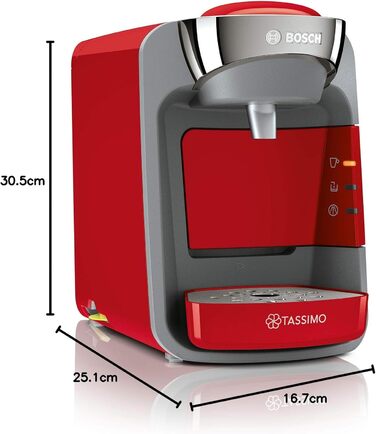 Капсульна машина Tassimo Suny TAS3208 кавоварка від Bosch, понад 70 напоїв, повністю автоматична, підходить для всіх чашок, майже без часу нагрівання, 1300 Вт, червоний/антрацит