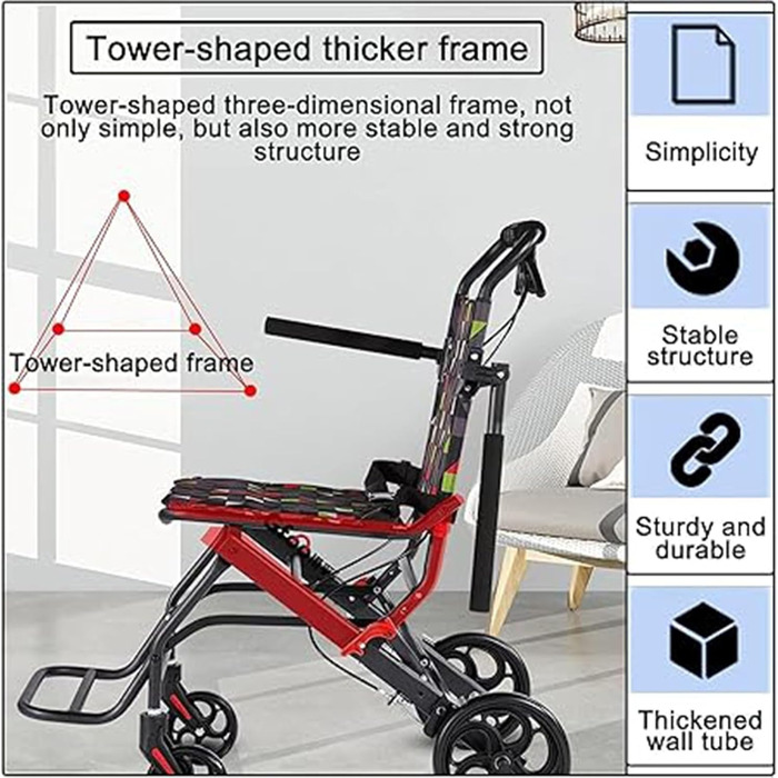 Інвалідне крісло, складне крісло колісне з вуглецевої сталі Портативне крісло колісне легко транспортувати за допомогою складного підлокітника та педалей для людей похилого віку A
