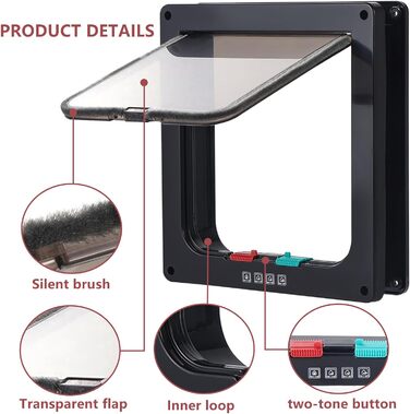 Стороння засувка Котячі двері Двері для домашніх тварин для внутрішніх зовнішніх дверей Віконна стіна, чорна (зовнішній розмір 25x23.5 см) L Чорний, 4-