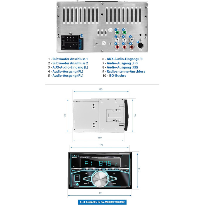 Автомагнітола XOMAX XM-2CDB622 з програвачем компакт-дисків, Bluetooth, радіотюнер RDS, 7 кольорів з регулюванням (червоний, синій, зелений, жовтий, фіолетовий, білий, бірюзовий) USB, SD для MP3 WMA, AUX, 2 шт. роз'єм для сабвуфера, 2DIN