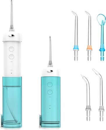 Іригатор порожнини рота Wireless Mini, електричний очищувач Interdental Cleaner з 5 режимами чищення та 5 насадками, 200 мл Водонепроникний набір для чищення зубів Water Flosser, Догляд за яснами та зубами, Синій/Білий