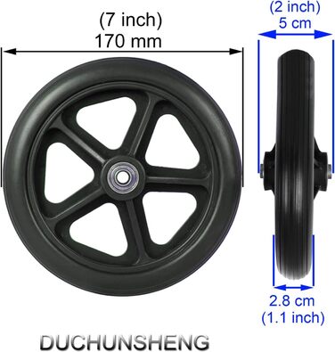 Передні коліщатка для інвалідного візка, змінні коліщатка 6 7 8 для допомоги при ходьбі, 2 шт. суцільногумові коліщатка з підшипником - чорні, ширина маточини 2 (50 мм), вісь 5/16', змінні аксесуари для коліс інвалідного візка чорні 7 дюймів (17 см).