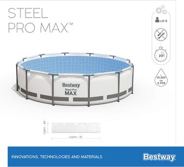 Каркасний басейн Bestway Steel Pro MAX Повний комплект з фільтруючим насосом Ø 366 x 122 см, світло-сірий, круглий одинарний