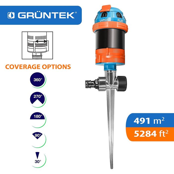 Кратний багатофункціональний круговий спринклер, спринклер для газону з металевим шипом, радіус поливу 12,5 м, для площ до 491 м2 можна комбінувати кілька спринклерів 6 типів розпилення, до 491 м, 6-