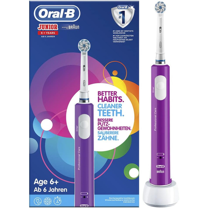 Електрична зубна щітка Oral-B Junior для дітей від 6 років, м'яка щетина та таймери, дизайн Brown, Purple