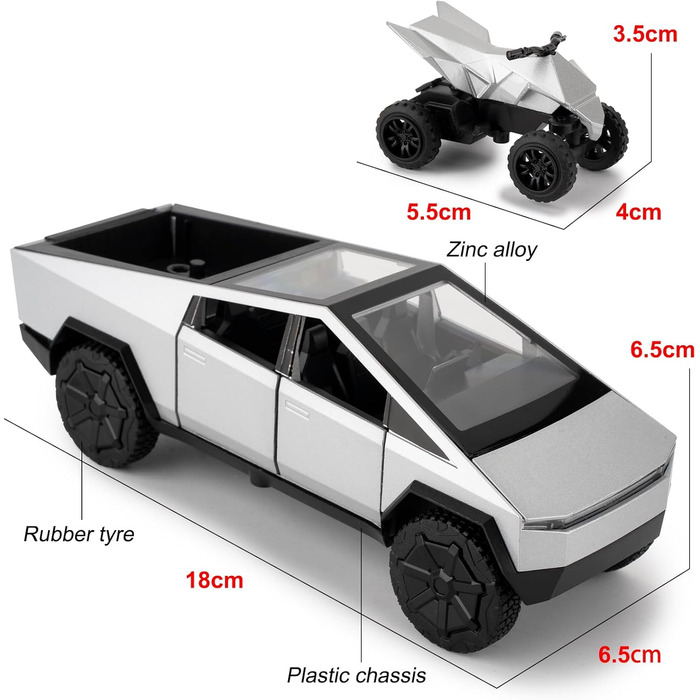 Електричний пікап вантажівка модель автомобіля з мотоциклом, цинковий сплав відкидний іграшковий автомобіль зі звуком і світлом для дітей хлопчиків дівчаток подарунок (срібло), 1/32 Tesla Cybertruck