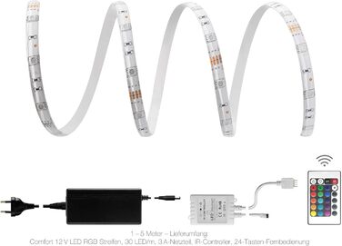 Метри комфортний набір світлодіодних стрічок RGB з блоком живлення, контролером і 24-кнопковим інфрачервоним пультом дистанційного керування, 30 світлодіодів/м, IP65, 12 В, 5050 SMD, 7,2 Вт/м, для вітальні, спальні, балкона, тераси, 2