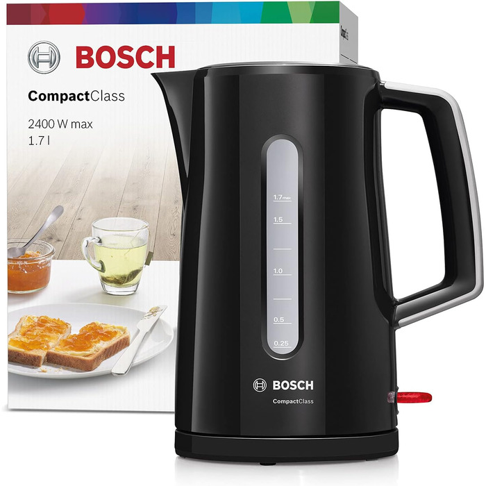 Акумуляторний чайник Bosch CompactClass TWK3A013, швидкий нагрів, індикатор рівня води з обох сторін, захист від перегріву, 1.7 л, 2400 Вт, чорний