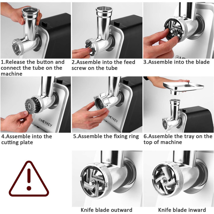 Електрична м'ясорубка Meykey, 2000 Вт Max, м'ясорубка 3-в-1 з 3 перфорованими дисками, насадка для ковбаси, нержавіюча сталь, функція повернення (чорний 1)