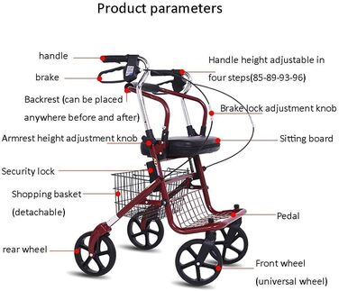 Допоміжний засіб для ходьби для людей похилого віку, складаний ролик з чотирма колесами, алюмінієвий легкий ролик з сидінням, стоянкове гальмо, сумка, регульований по висоті, розбірні ходунки, ходунки Walker Vol