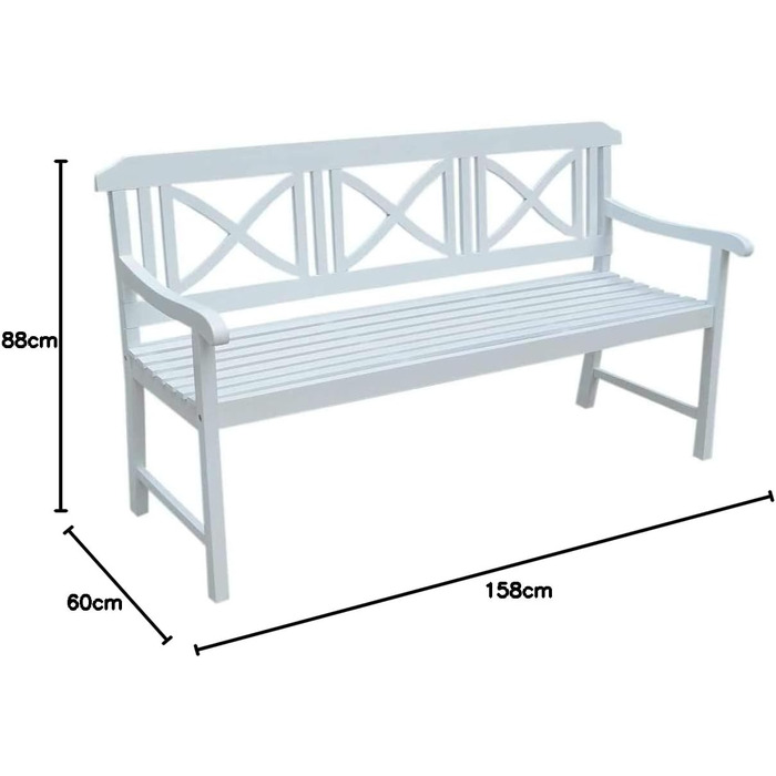 ВИВ. Садова лавка заміський будинок, дерево акації, стійка до погодних умов, ширина сидіння 143 см, сільський стиль сільського будинку, на 2 особи, вантажопідйомність до 180 кг, 158x688 см, біла біла 158x60x88 см