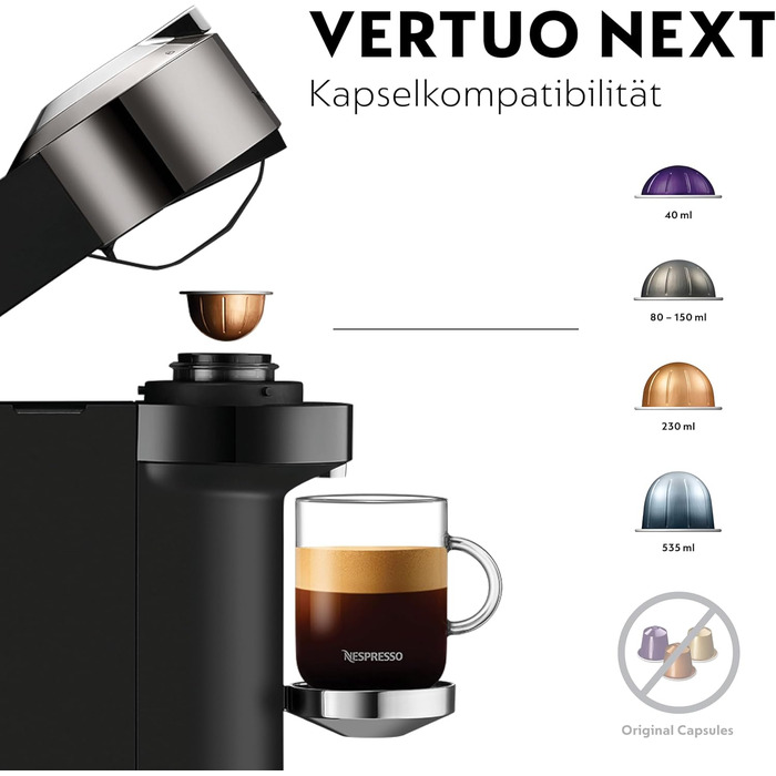 Кавова капсульна машина Nespresso Krups XN910C Vertuo Next Резервуар для води 1,1 л Розпізнавання капсул за штрих-кодом 6 розмірів чашок Функція вимкнення живлення 54 переробленого пластику Темний хром