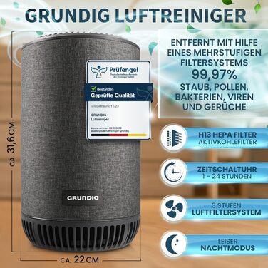 Очищувач повітря Grundig Очищувач повітря для людей, які страждають на алергію - Надтихий фільтр Hepa ФІЛЬТР З АКТИВОВАНИМ ВУГІЛЛЯМ фільтрує 99,9 цвілі, пилку, вірусів, кімната для куріння, дисплей якості повітря - 49 м2 (очищувач повітря)