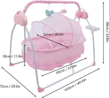 Електрична дитяча колиска Chynalys Автоматичне дитяче ліжко з дитячими гойдалками з функцією таймера, електричне дитяче ліжко-гойдалка з функцією відтворення музики MP3, портативне дитяче ліжко-гойдалка з килимком (рожевий)