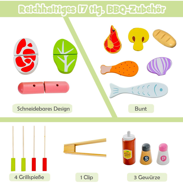 Дитячий іграшковий набір для барбекю DREAMADE з 17 TLG. ігрові аксесуари, набір гриль-барбекю, дитяча кухня на відкритому повітрі, дерев'яний дитячий гриль для дівчаток і хлопчиків від 3 років і старше