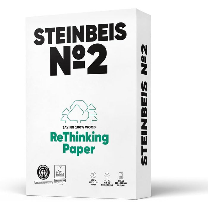 Папір для принтера Steinbeis No. 2 перероблений папір формату DIN A4 80 г/м, білий і без хлору, високоякісний копіювальний папір на 2500 (5 x 500) аркушів ISO 80 / CIE 85