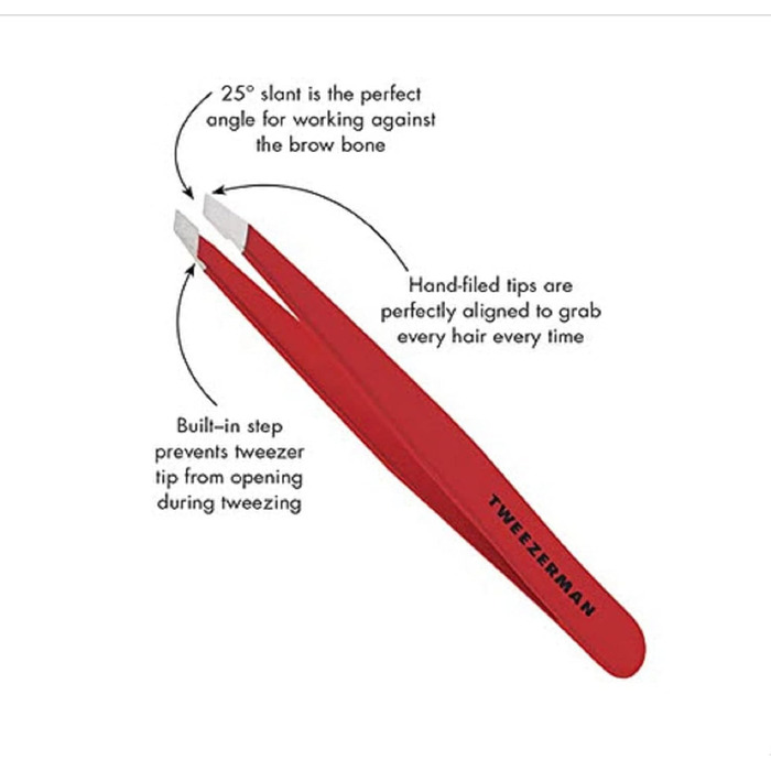 Пінцет TWEEZERMAN (підвісні наземні косі кінчики, вищипування брів, професійна якість, нержавіюча сталь), (фірмовий червоний)