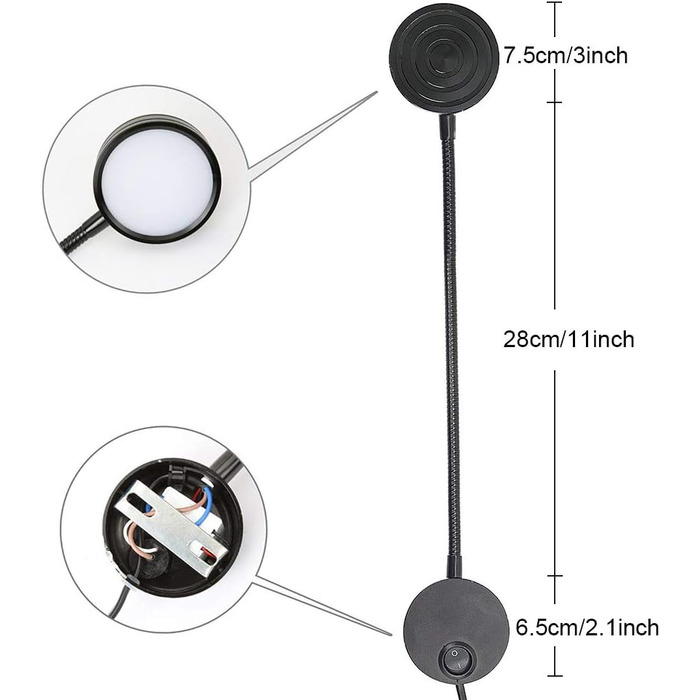 Лампа для читання Youngine EU Plug, гнучка світлодіодна лампа для читання на 5 Вт з вимикачем і штекером, приліжкова лампа з гусячою шиєю для спальні, офісу, готелю, 3000K (чорний-теплий білий)
