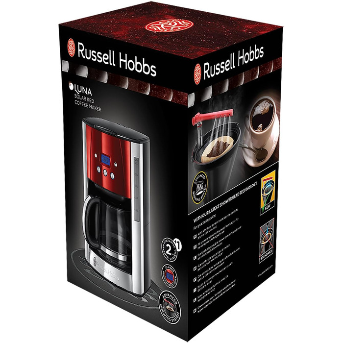 Кавоварка Russell Hobbs Цифровий таймер, душова лійка для оптимальної екстракції та аромату Luna Red (макс. 12 чашок, скляний глечик 1,5 л, нагрівальна плита, 1000 Вт) Кавоварка з фільтром 23240-56