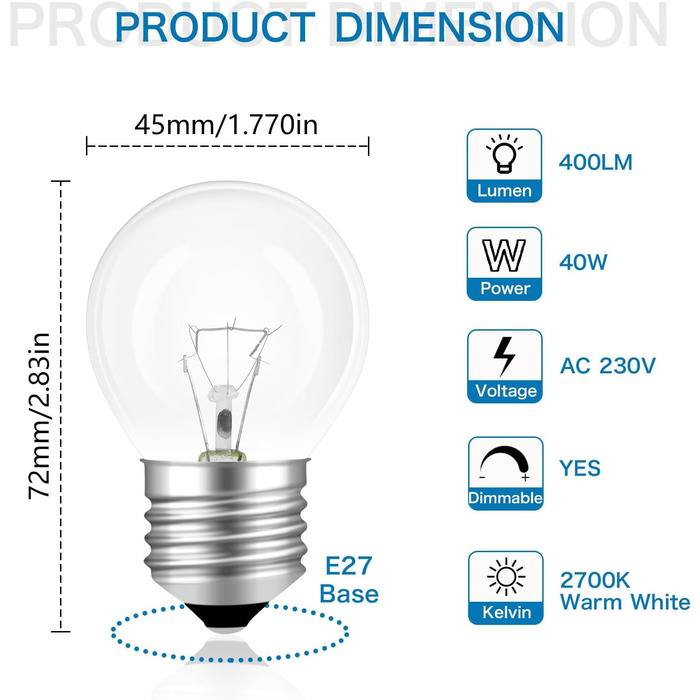 Лампа для духовки SCNNC E27, 300 градусів, термостійка 230 В, духовка G45 з можливістю затемнення, 400 лм, теплий білий, 2700 К, 45 мм, глобус, прозора лампа для духовки E27 G45 для духовки, лавової лампи, мікрохвильової печі, 5 упаковок