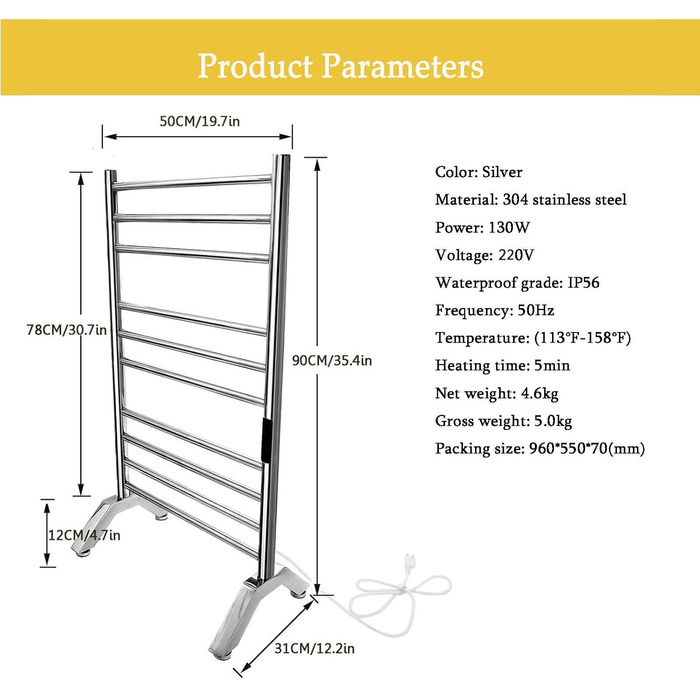 Обігрівач для ванної кімнати, рушникосушка Електричний обігрівач для ванної кімнати Електричний окремо стоячий або настінний обігрівач для рушників Нагрівач для рушників 304 з нержавіючої сталі, 10 стрижнів, вставний сріблястий