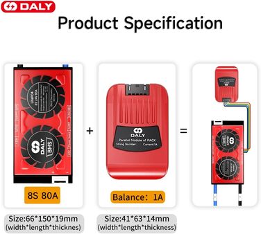 Паралельний модуль DALY BMS 1 A з вентилятором Smart BMS LiFePo4 8S 24 В 250 А та CAN-портом, Smart BMS Bluetooth ключ для літієвих акумуляторів 3,2 В, інвертор, ДБЖ та домашня система зберігання (Lifepo4 8S 24V CAN BT, 80AParallel Module1A)