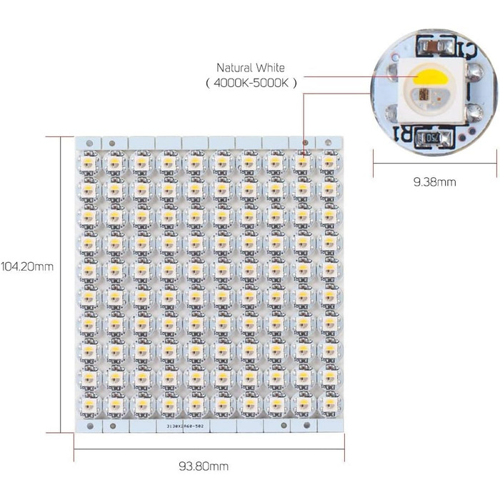Подібний WS2812B) RGBNW Спеціальні адресні світлодіодні чіпи Натуральний білий (4000-5000k) з білою друкованою платою (104,2 мм x 93,8 мм) Вбудований 5050 SMD RGB DC5V 100 шт. Rgb натуральний білий, 6812 (