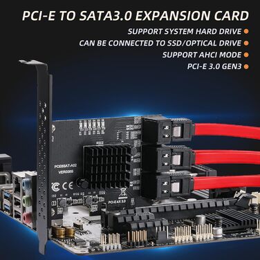 Карта 6 портів, 6 Гбіт/с 4 шт. SATA 3.0 PCIe карта, PCIe до SATA контролера плата розширення без рейду з 6 кабелями SATA низькопрофільний кронштейн, Plug and Play Windows, Linux система ASM1166 чіп 6 портів 4x-чорний